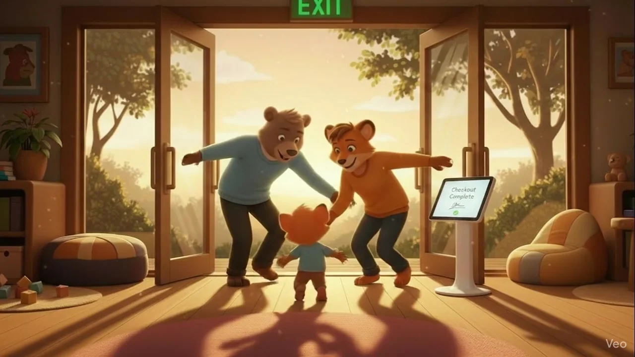 Happy bear family reuniting at daycare checkout - BrightBadge makes pickup easy